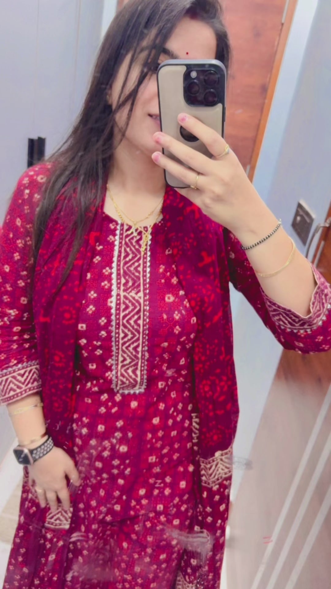 Handblock print cotton suit - Maroon Red