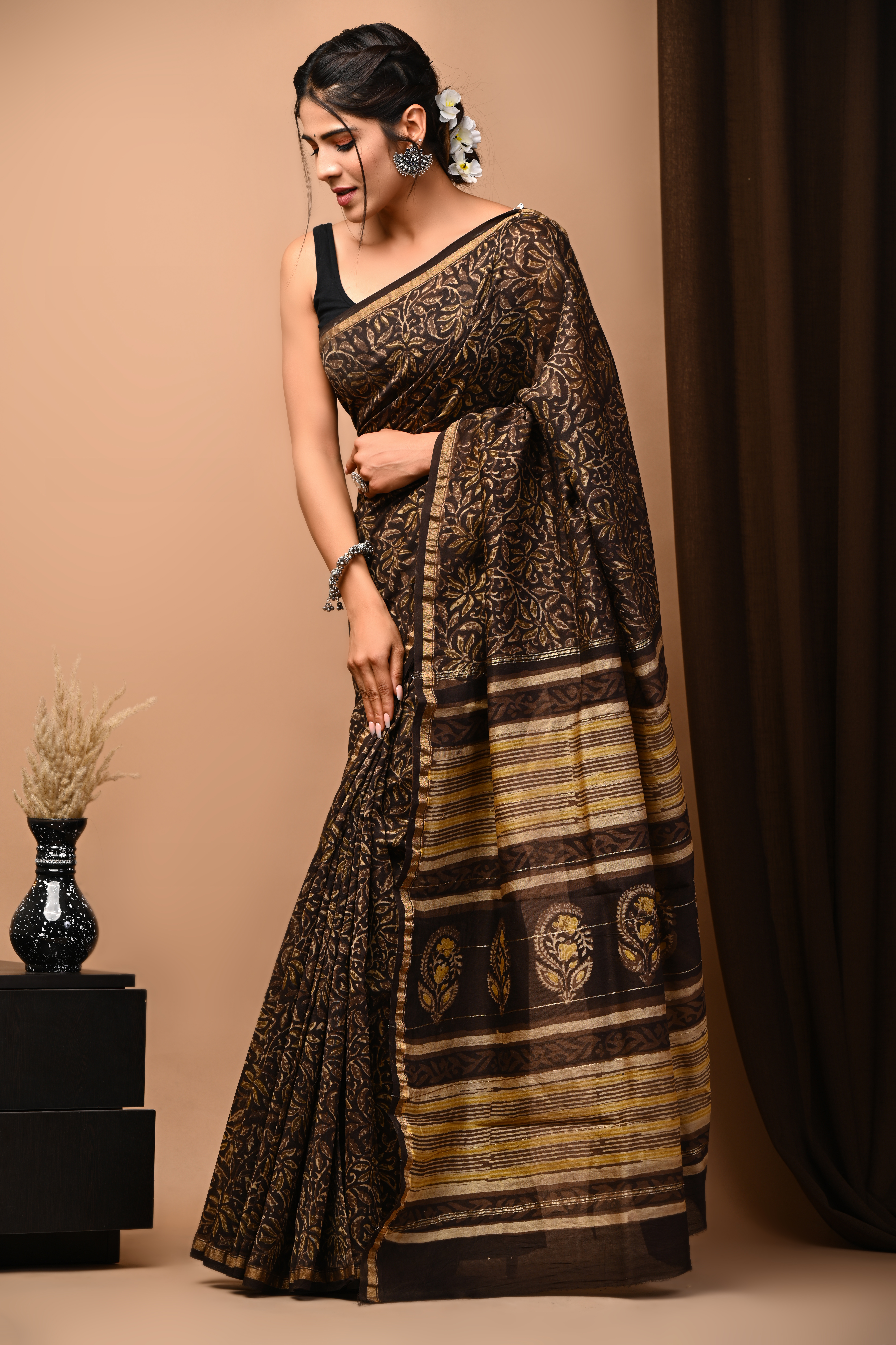 Black and carmine bagru print chanderi silk saree online | Kiran's Boutique